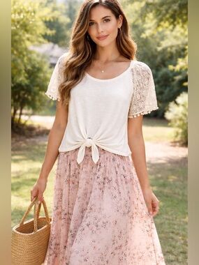 In Loom NWT Ivory Lace-Trim Knit Tie- Front Top- M